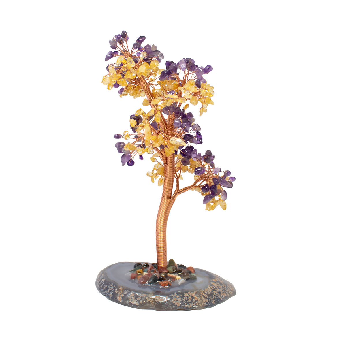 8" Amethyst and Citrine Wire Beaded Tree on Agate Slice Base - Large