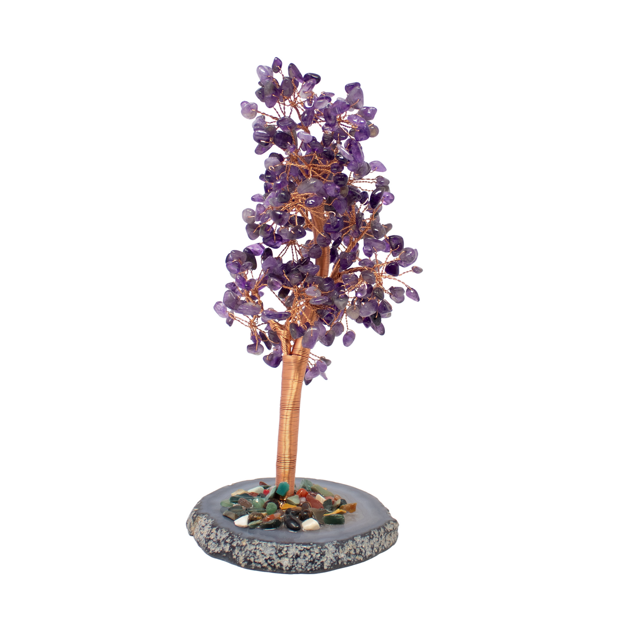 8" Amethyst Copper Wire Beaded Tree on Agate Slice Base - Large