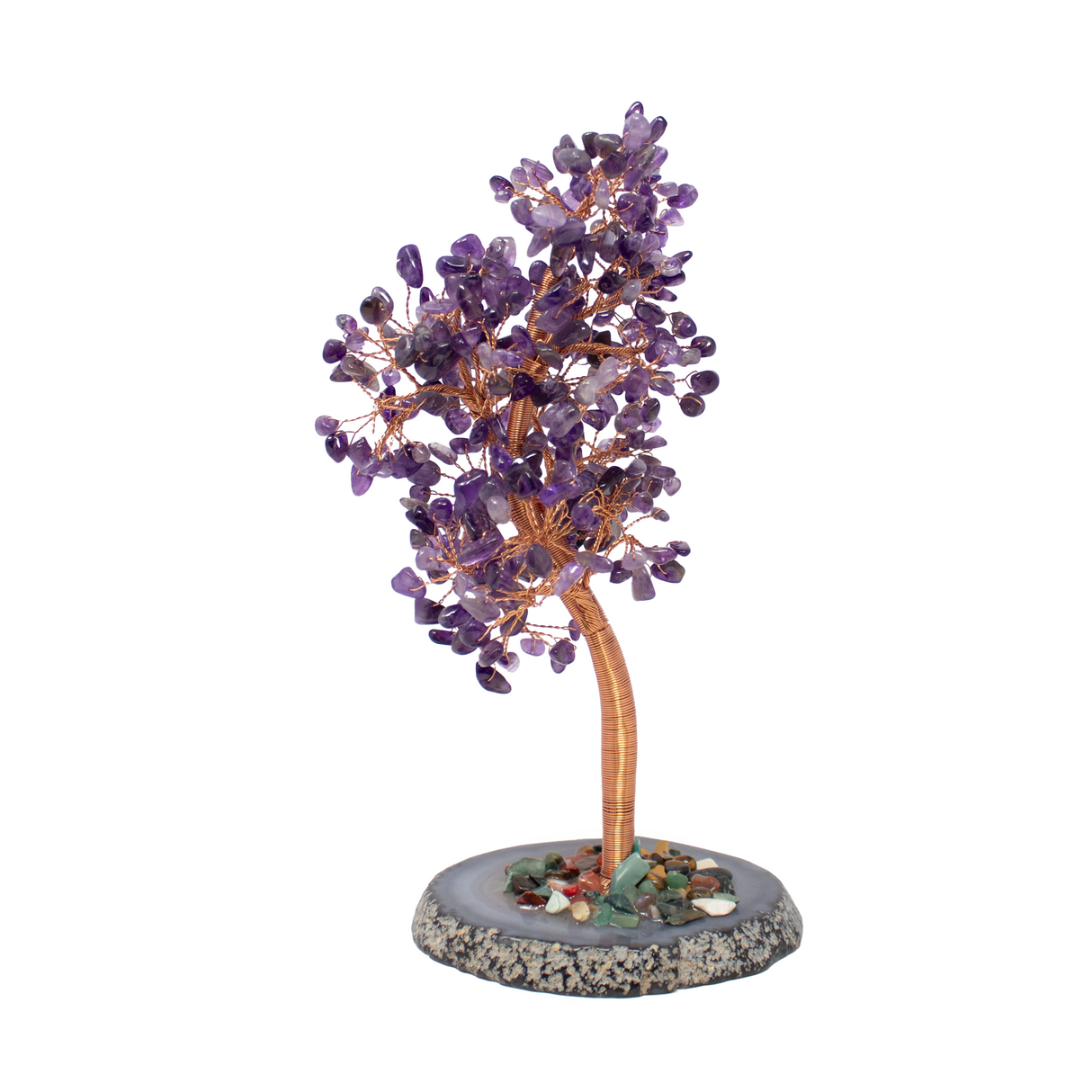 8" Amethyst Copper Wire Beaded Tree on Agate Slice Base - Large