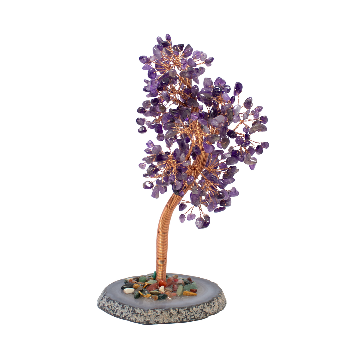 View of 8\" Amethyst Copper Wire Beaded Tree on Agate Slice Base - Large
