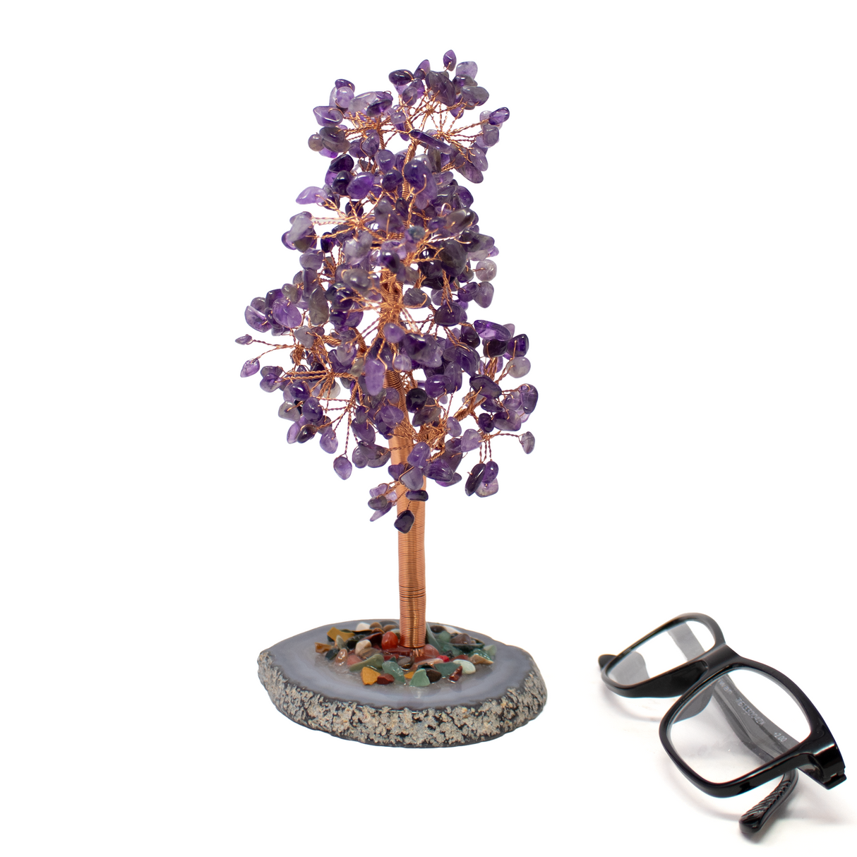 8" Amethyst Copper Wire Beaded Tree on Agate Slice Base - Large