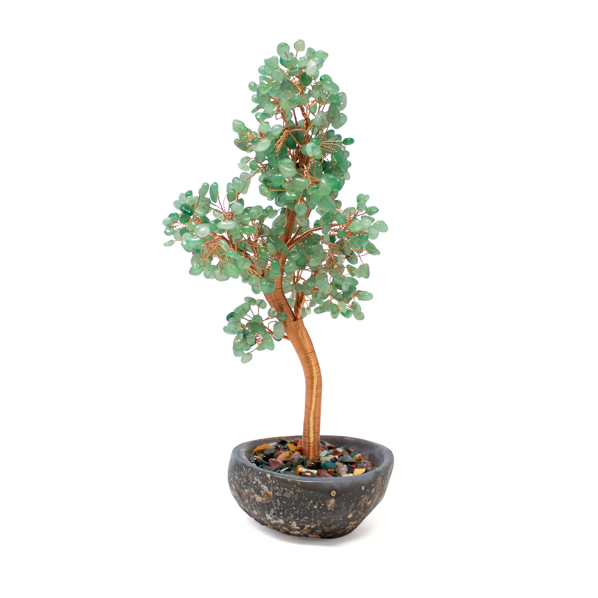 Aventurine Copper Wire Beaded Tree in Agate Dish with Multicolor Gemstone Pebbles