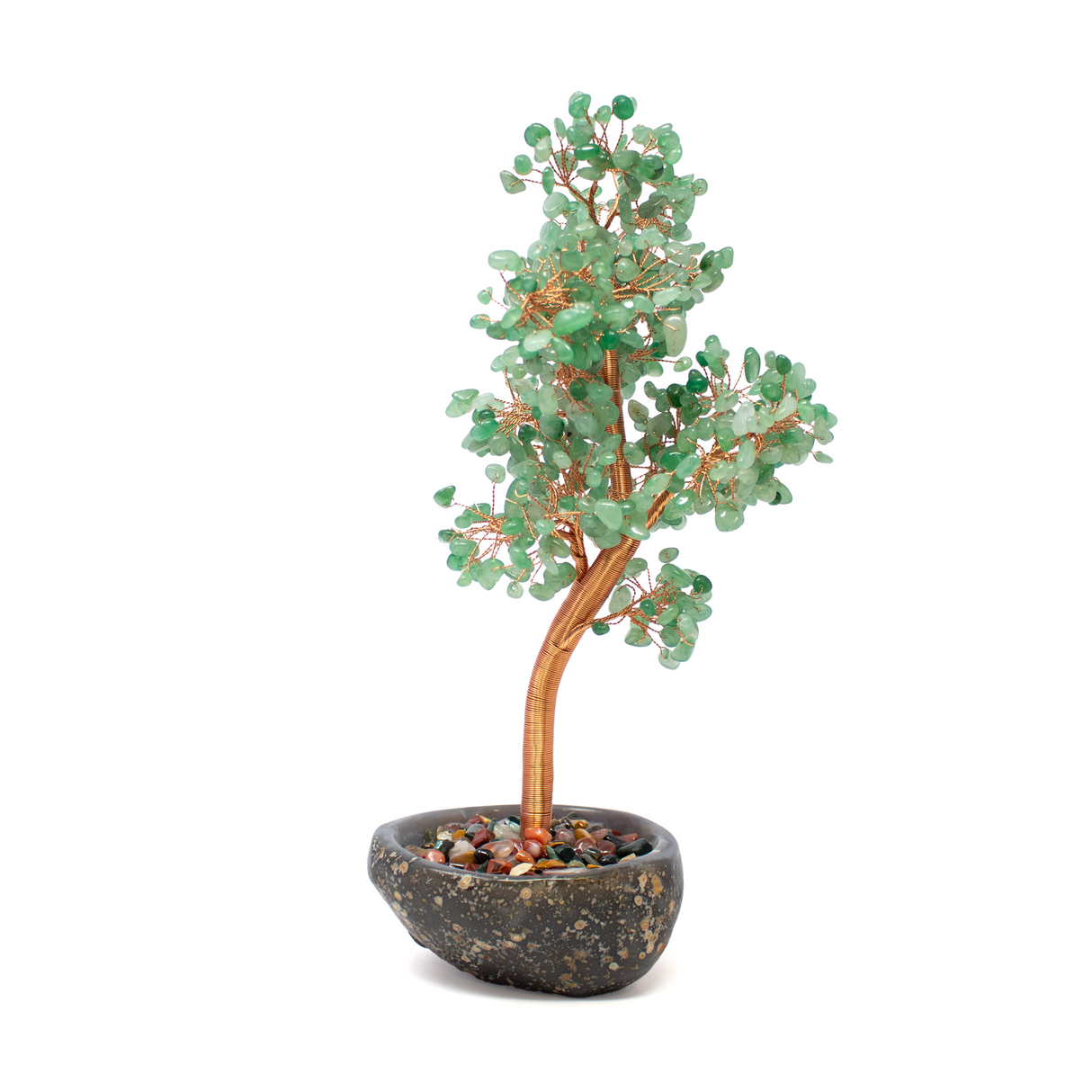 View of Aventurine Copper Wire Beaded Tree in Agate Dish with Multicolor Gemstone Pebbles