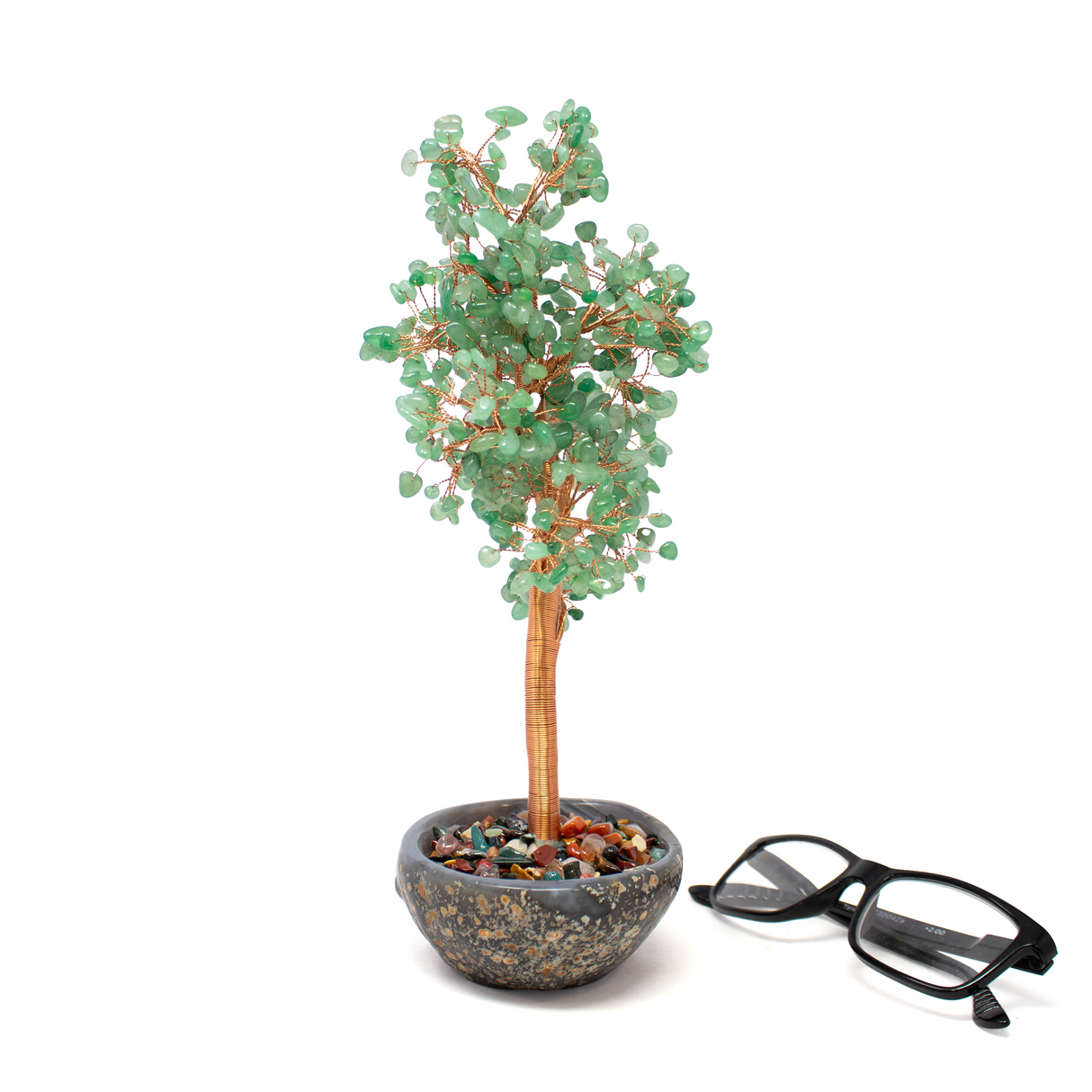 Aventurine Copper Wire Beaded Tree in Agate Dish with Multicolor Gemstone Pebbles