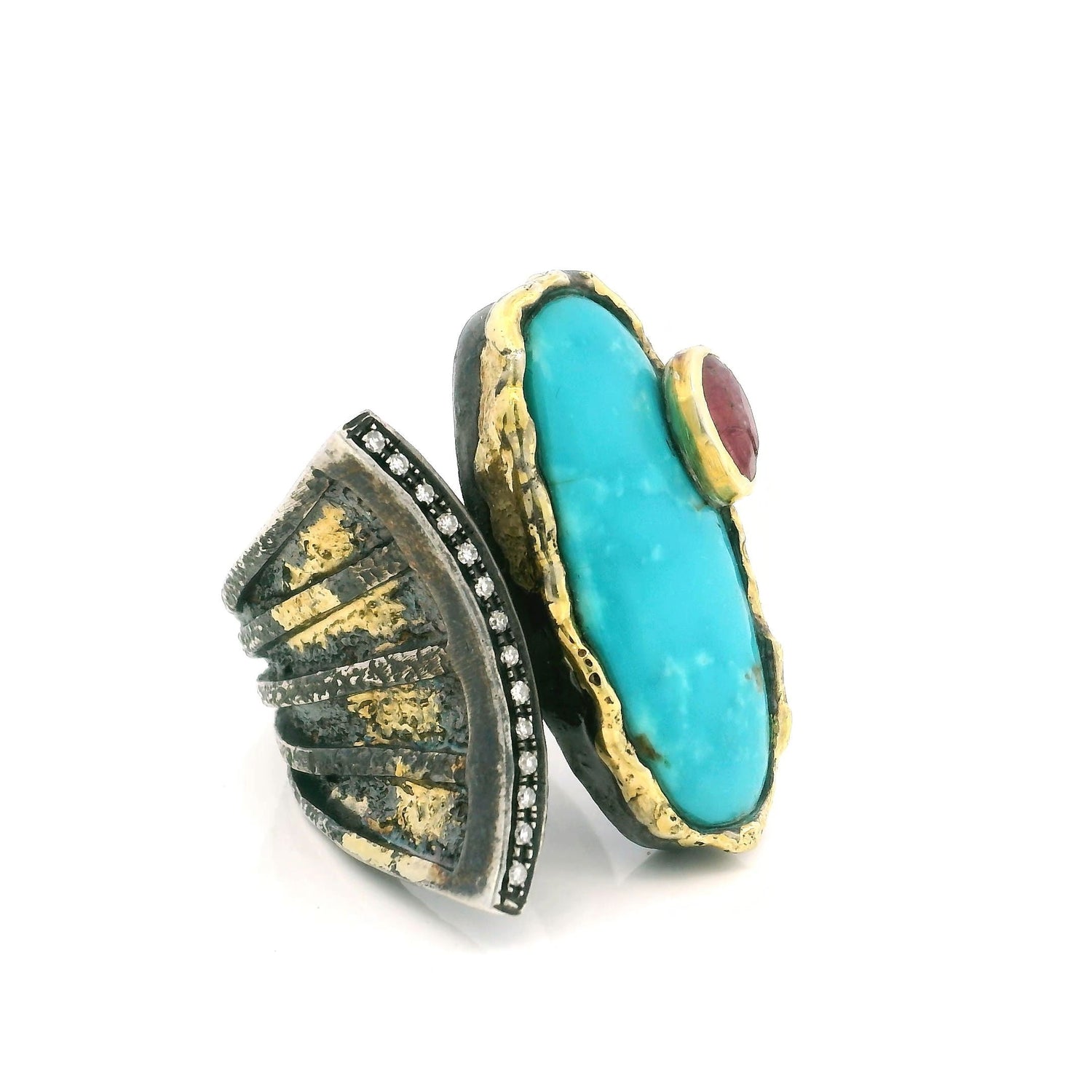 Arizona Turquoise Ring - Long Oval Cabochon & Faceted Pink Tourmaline Oval on Open Band with Curved Single Row Pave Diamonds & Dripped Gold Accents Bezel Set in 925 Sterling Silver sz8