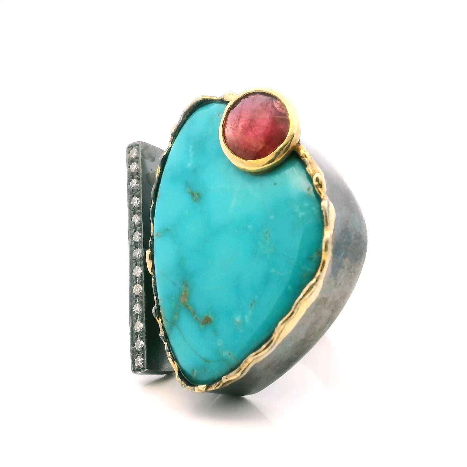 Arizona Turquoise Ring - Triangular Cabochon & Faceted Pink Tourmaline Round on Open Band with Single Row Pave Diamonds & Dripped Gold Accents Bezel Set in 925 Sterling Silver sz8.5