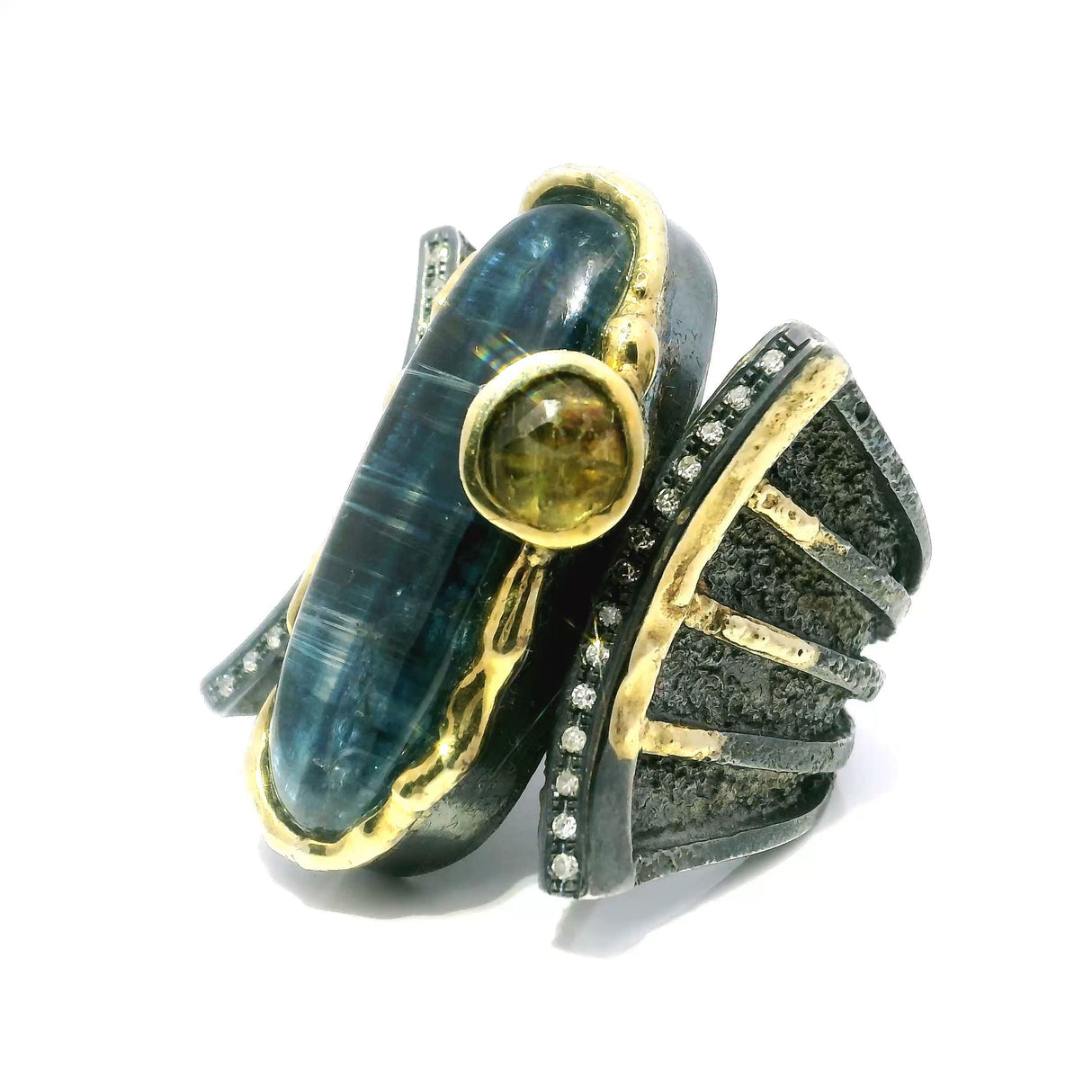 View of Kyanite Ring - Long Oval Cabochon & Faceted Golden Tourmaline Round Between 2 Curved Lines of Single Row Pave Diamonds with Dripped Gold Accents Bezel Set in 925 Sterling Silver sz9.5