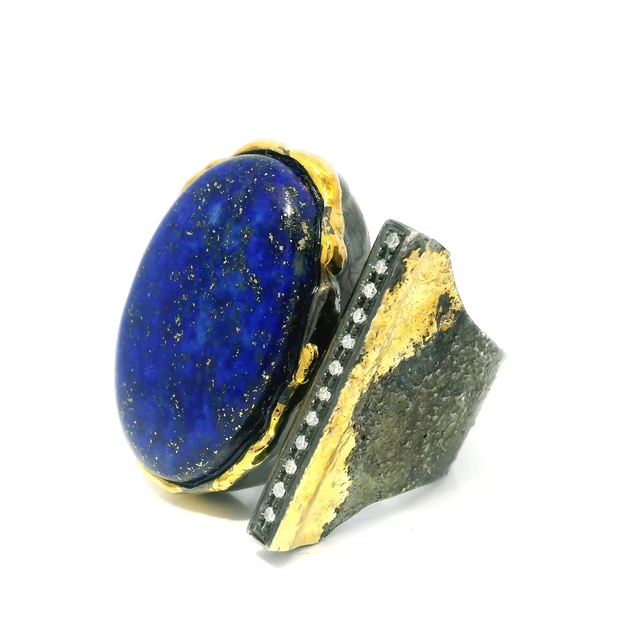 View of Lapis Lazuli Ring - Oval Cabochon on Open Band with Single Row Pave Diamonds & Dripped Gold Accents Bezel Set in 925 Sterling Silver sz7