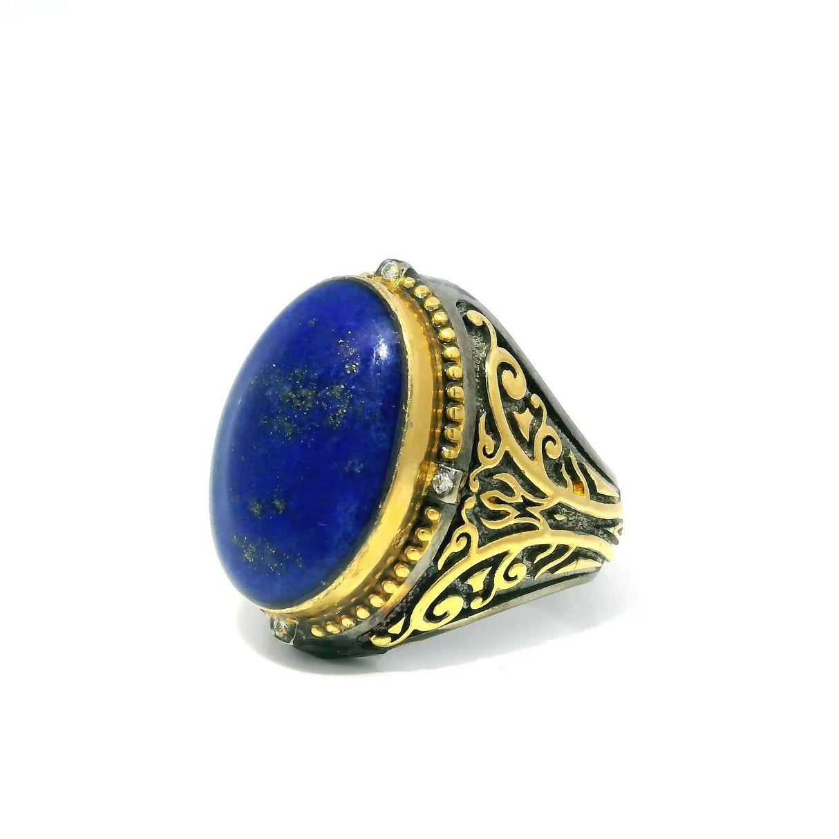 View of Lapis Lazuli Ring - Oval Cabochon with 4 Diamonds & Side Ornate Butterfly Detail Bezel Set with Gold Accents in 925 Sterling Silver sz9