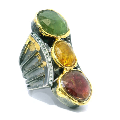 View of Multi-Color Tourmaline Ring - Faceted Pink & Golden & Green Tourmaline Cabochons with 2 Curved Lines of Single Row Pave Diamonds & Dripped Gold Accents Bezel Set in 925 Sterling Silver sz8.5