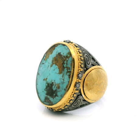 View of Persian Turquoise Ring - Oval Cabochon with Side Coin Details & Diamonds Bezel Set in 925 Sterling Silver with 24K Gold Vermeil Accents sz9