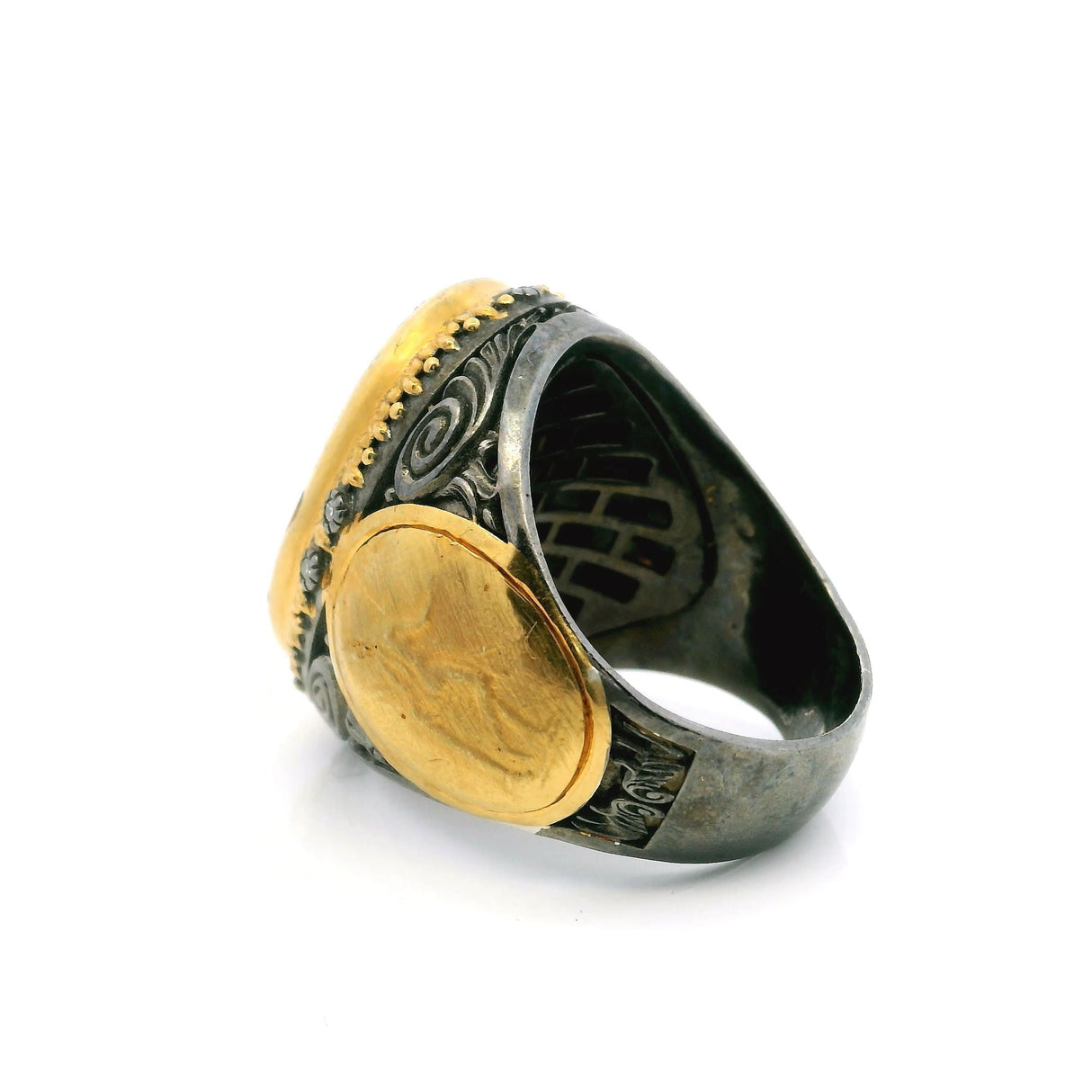 Persian Turquoise Ring - Oval Cabochon with Side Coin Details & Diamonds Bezel Set in 925 Sterling Silver with 24K Gold Vermeil Accents sz9