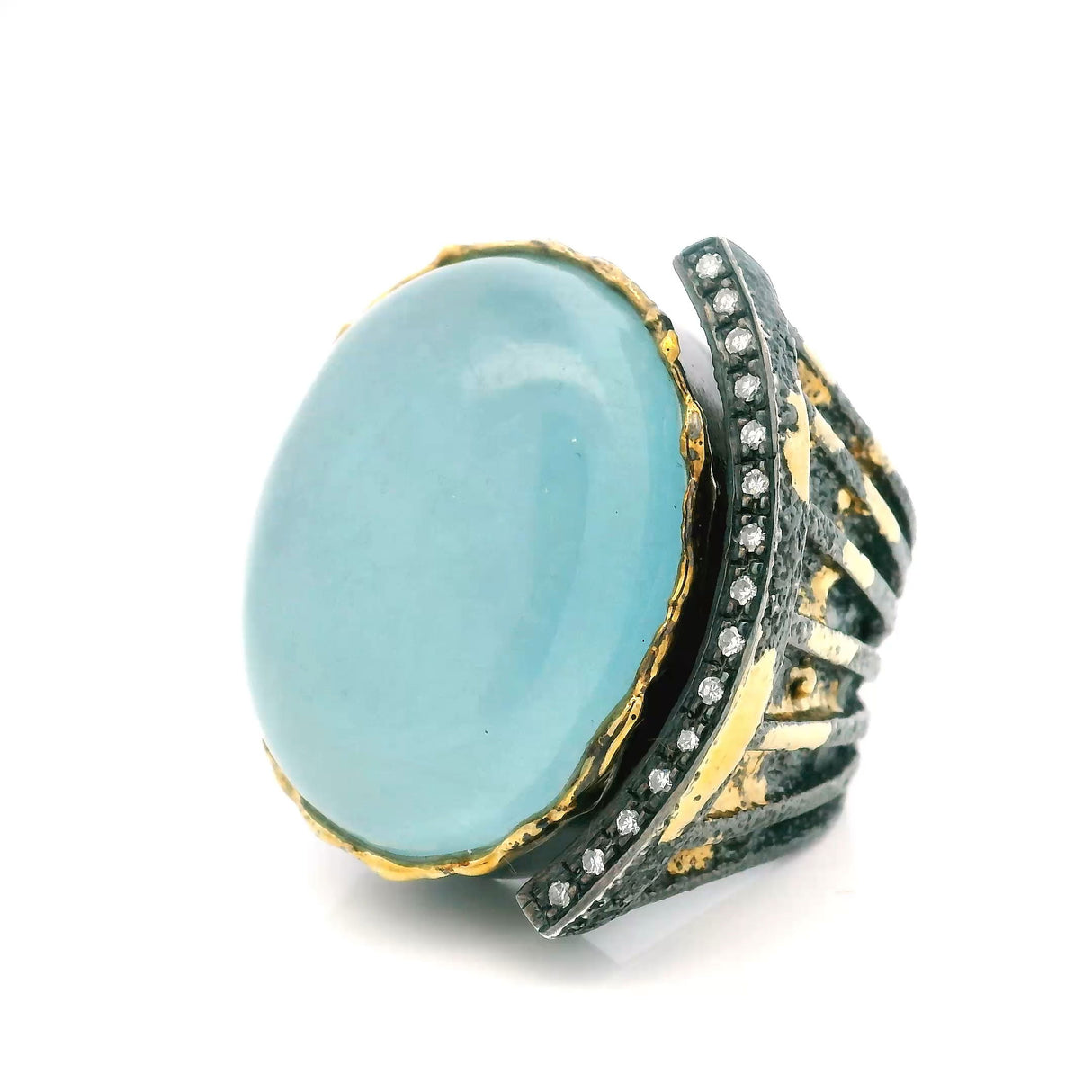 View of Aquamarine Ring - Oval Cabochon on Open Band with Curved Single Row Pave Diamonds & Dripped Gold Accents Bezel Set in 925 Sterling Silver sz8.5