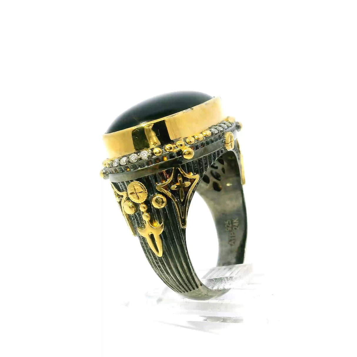 Black Onyx Ring - East-West Oval Cabochon & 16 Diamonds Bezel Set in 925 Sterling Silver with Gold Star & Bead Accents sz9.5