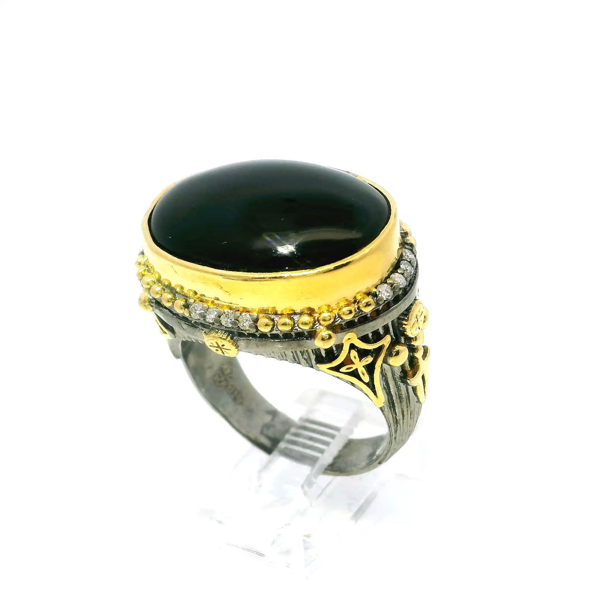 View of Black Onyx Ring - East-West Oval Cabochon & 16 Diamonds Bezel Set in 925 Sterling Silver with Gold Star & Bead Accents sz9.5
