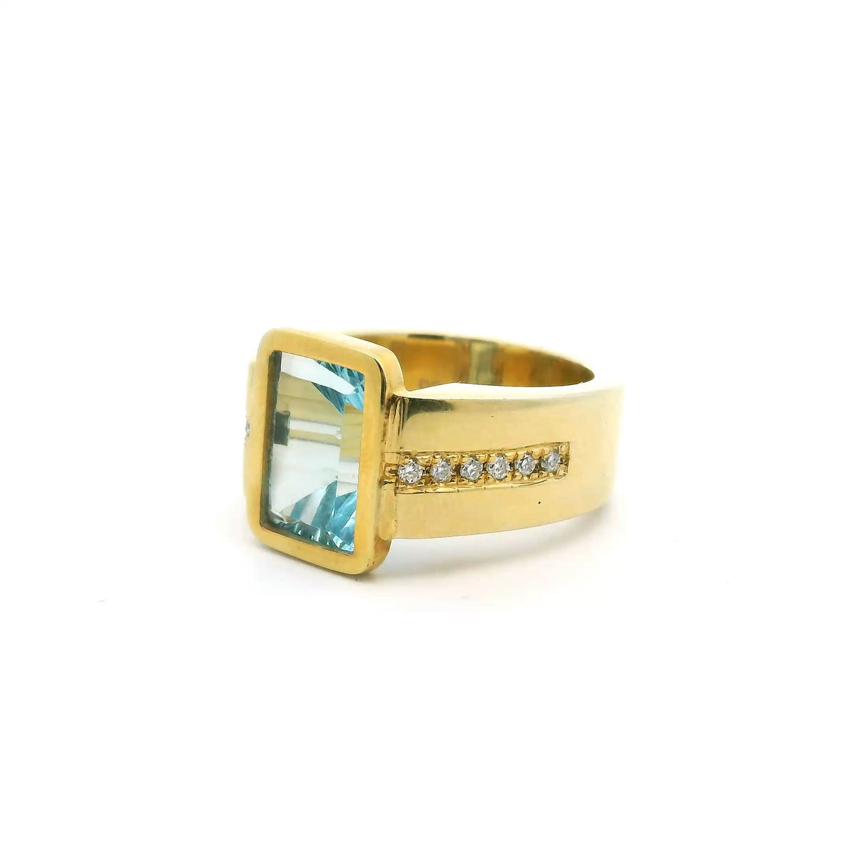 View of Blue Topaz Ring - Faceted Rectangle with Diamonds Down Both Sides of Band Bezel Set Flush in Gold Vermeil over 925 Sterling Silver sz9.5