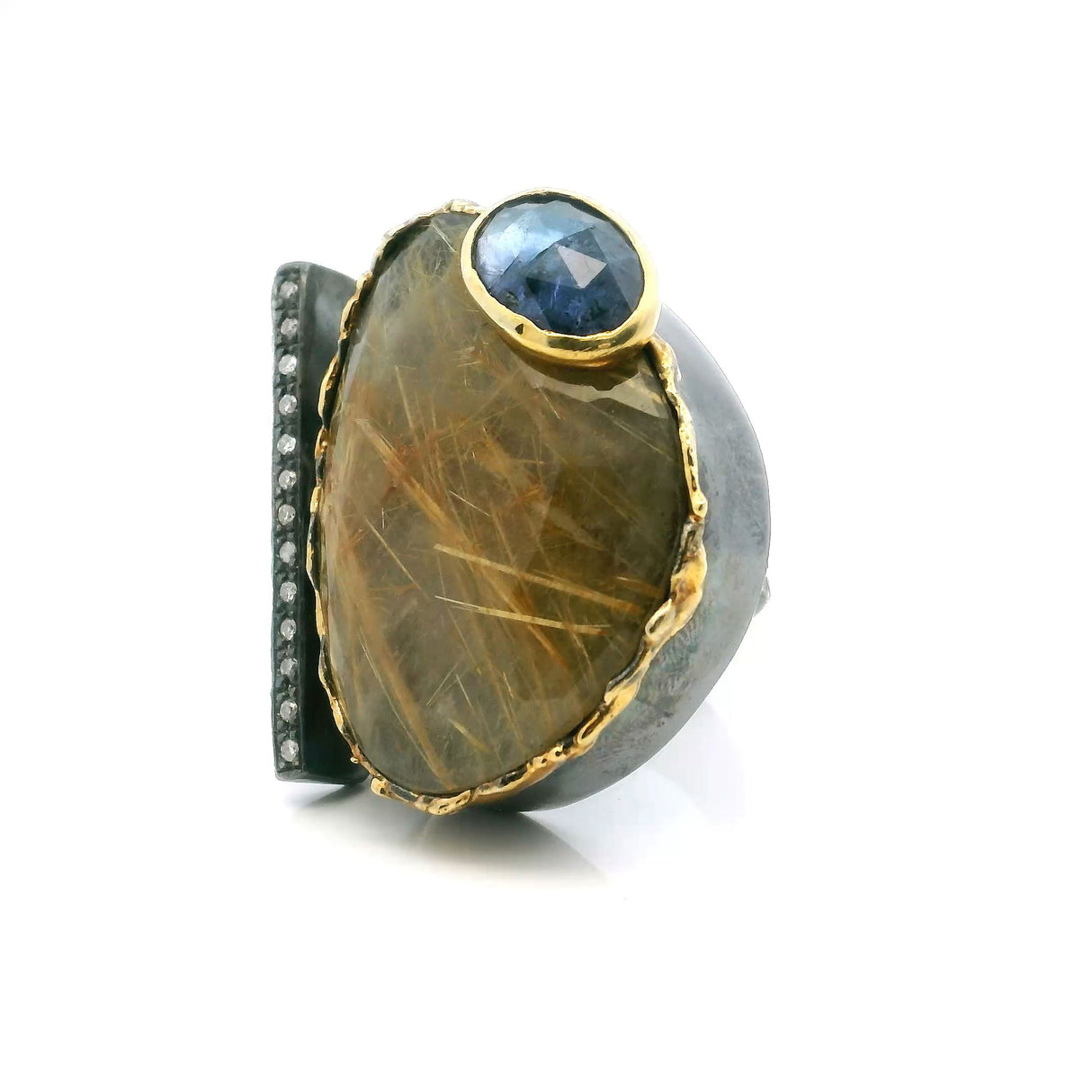 View of Golden Rutilated Quartz Ring - Faceted Triangle & Faceted Iolite Oval on Open Band with Single Row Pave Diamonds & Dripped Gold Accents Bezel Set in 925 Sterling Silver sz8.5