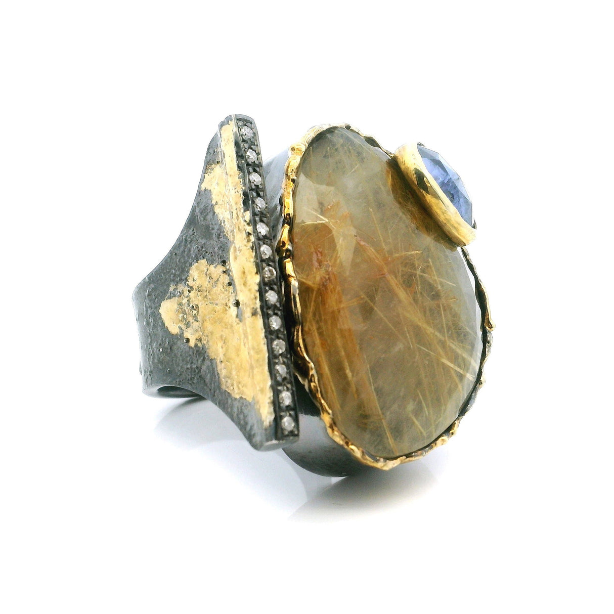 Golden Rutilated Quartz Ring - Faceted Triangle & Faceted Iolite Oval on Open Band with Single Row Pave Diamonds & Dripped Gold Accents Bezel Set in 925 Sterling Silver sz8.5