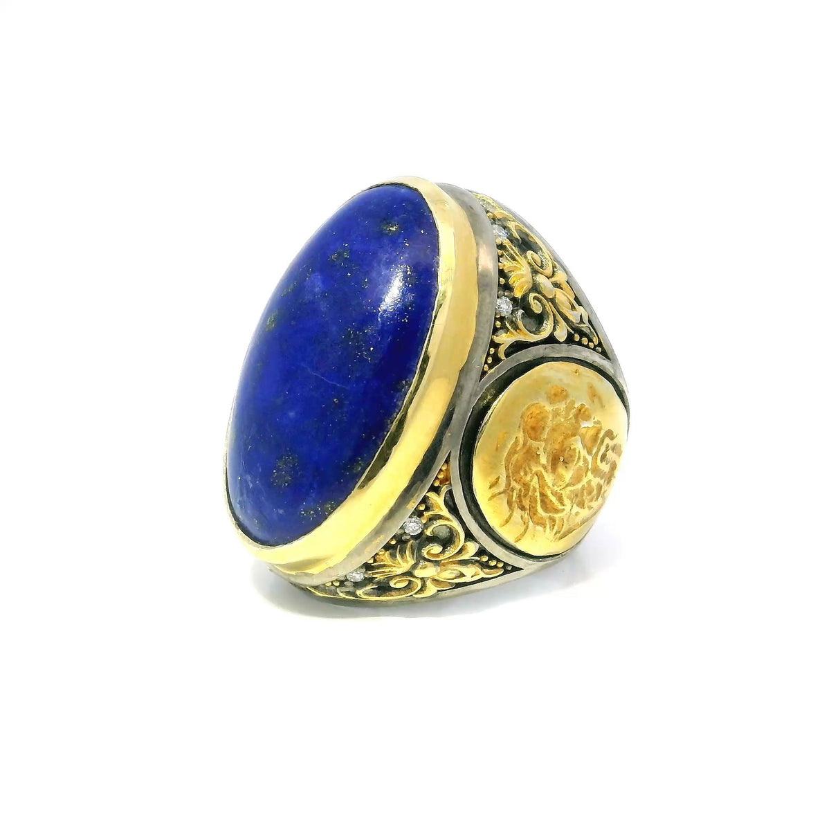 View of Lapis Lazuli Ring - Oval Cabochon & 8 Diamonds with Gold Side Bearded Man Coin & Floral Details Bezel Set in 925 Sterling Silver sz9