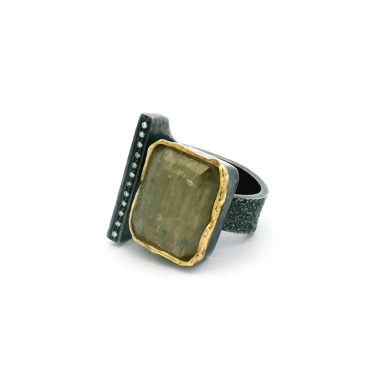 View of Zultanite Ring - Faceted Square on Open Band with Single Row Pave Diamonds & Dripped Gold Accents Bezel Set in 925 Sterling Silver sz7