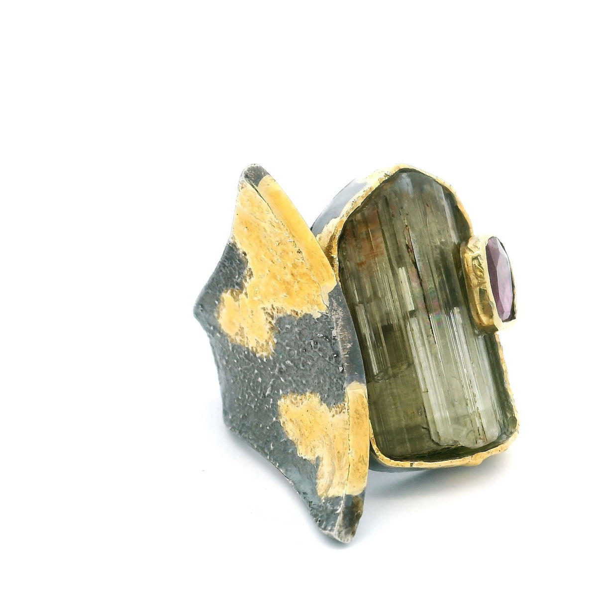 Zultanite Ring - Rectangular Freeform & Faceted Pink Tourmaline Square on Open Band with Dripped Gold Accents Bezel Set in 925 Sterling Silver sz8