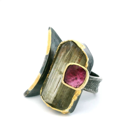 View of Zultanite Ring - Rectangular Freeform & Faceted Pink Tourmaline Square on Open Band with Dripped Gold Accents Bezel Set in 925 Sterling Silver sz8