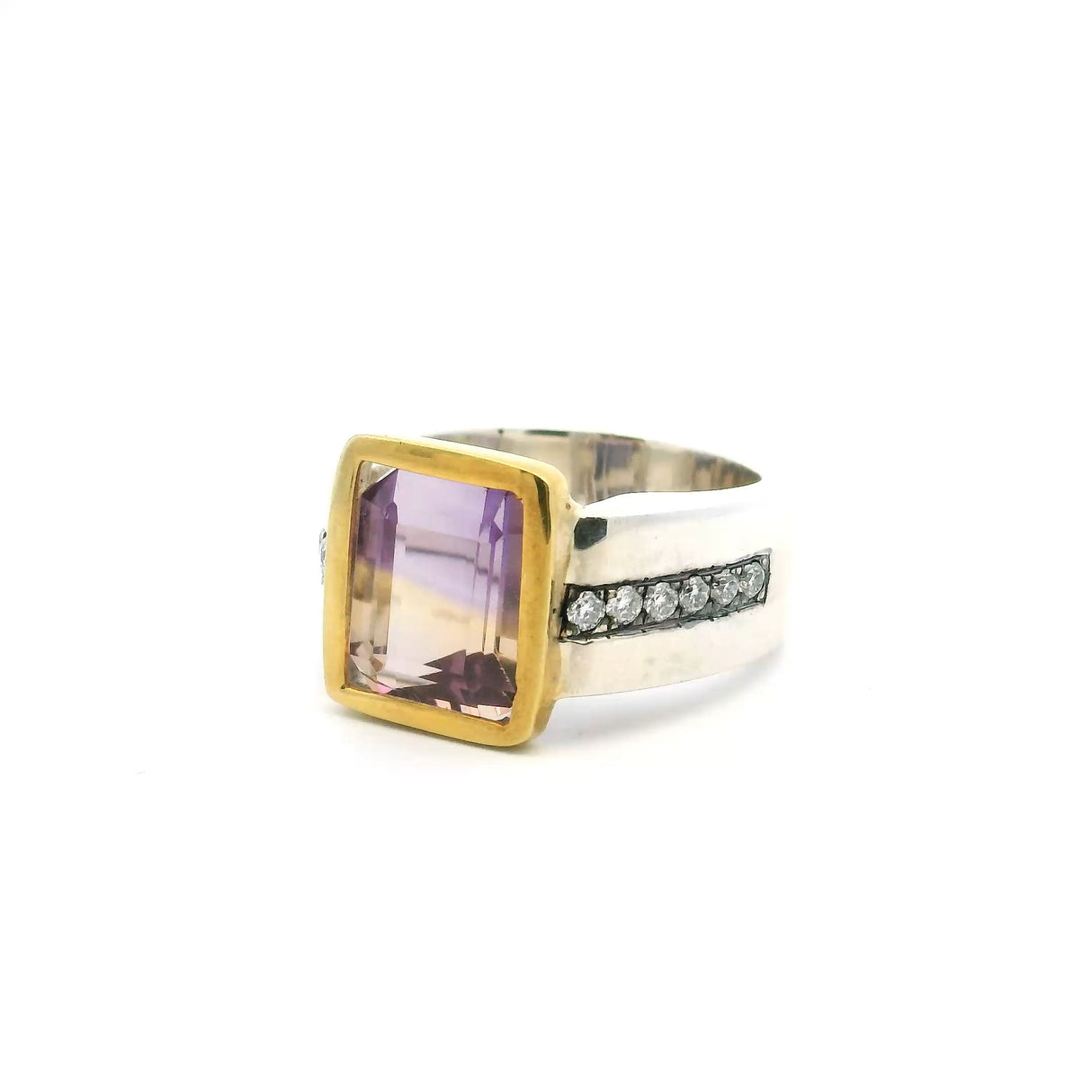 View of Ametrine Ring - Faceted Square with Diamonds Down Both Sides of Band Bezel Set Flush in 925 Sterling Silver with Gold Accent sz9