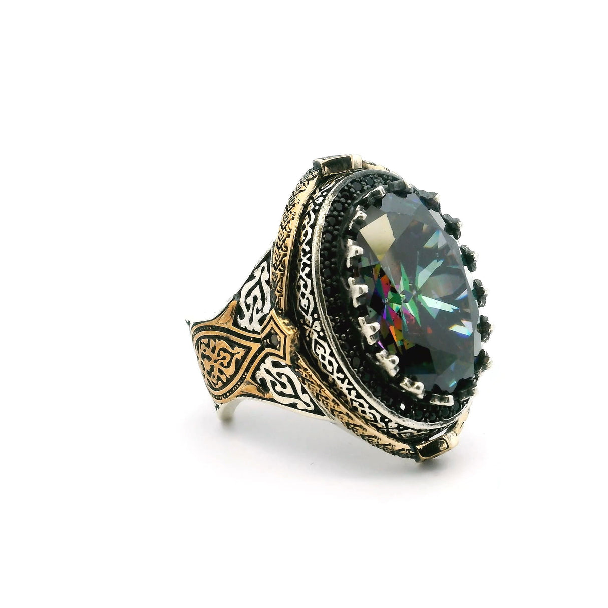 View of Mystic Topaz Ring - Faceted Oval in Designer Sawtooth Setting with Single Row Pave Black Nanostones in 925 Sterling Silver with Gold Vermeil sz8.5