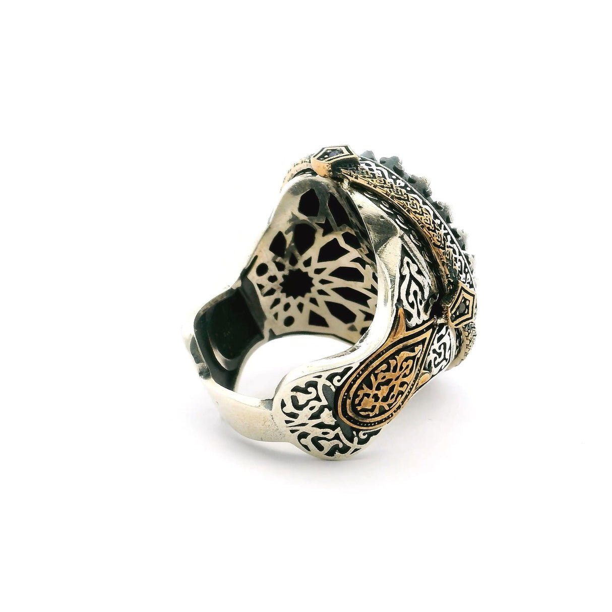 Mystic Topaz Ring - Faceted Oval in Designer Sawtooth Setting with Single Row Pave Black Nanostones in 925 Sterling Silver with Gold Vermeil sz8.5