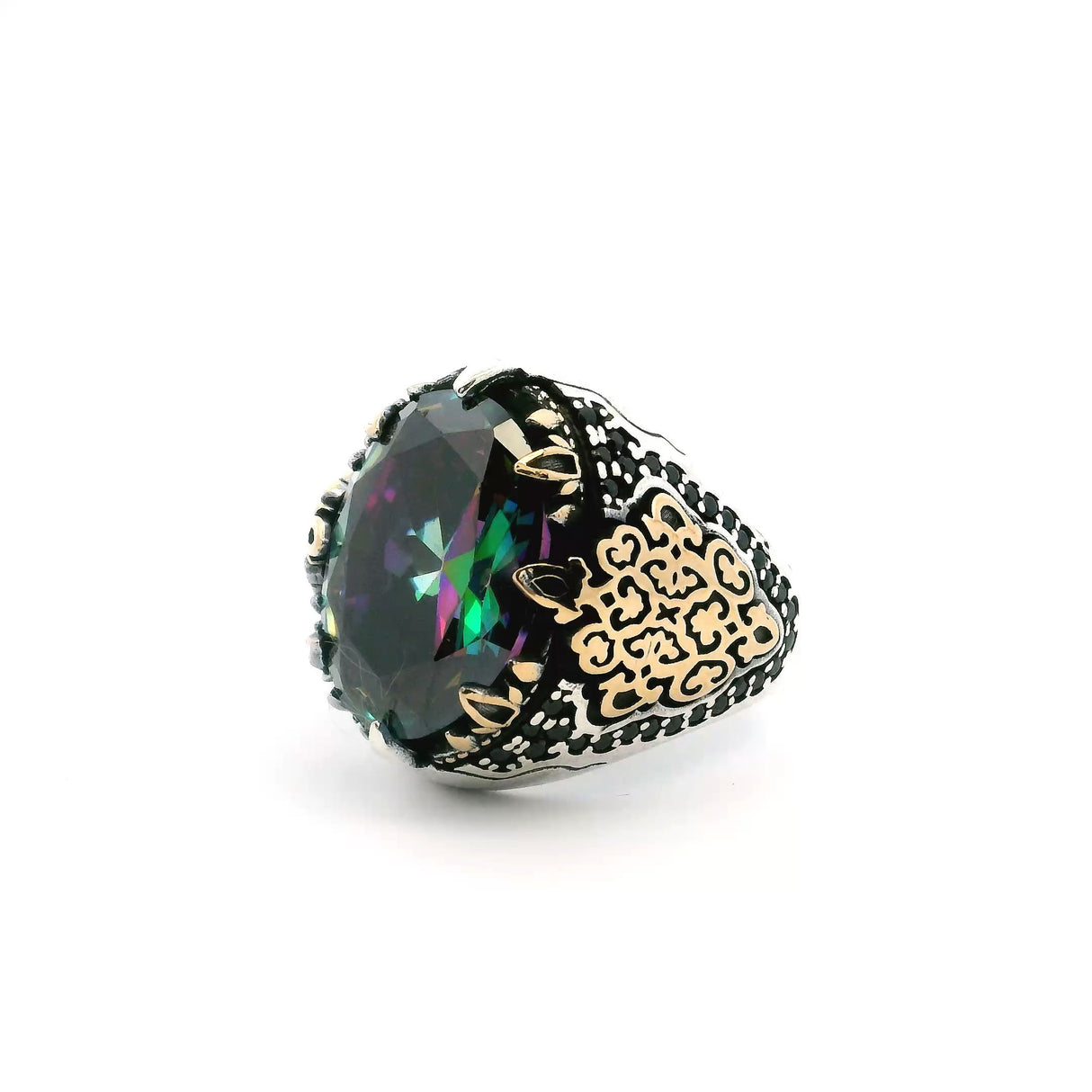 View of Mystic Topaz Ring - Faceted Oval in Designer Sawtooth Setting with Single Row Pave Black Nanostones in V-Pattern Down Band in 925 Sterling Silver with Ornate Gold Vermeil Accents sz11