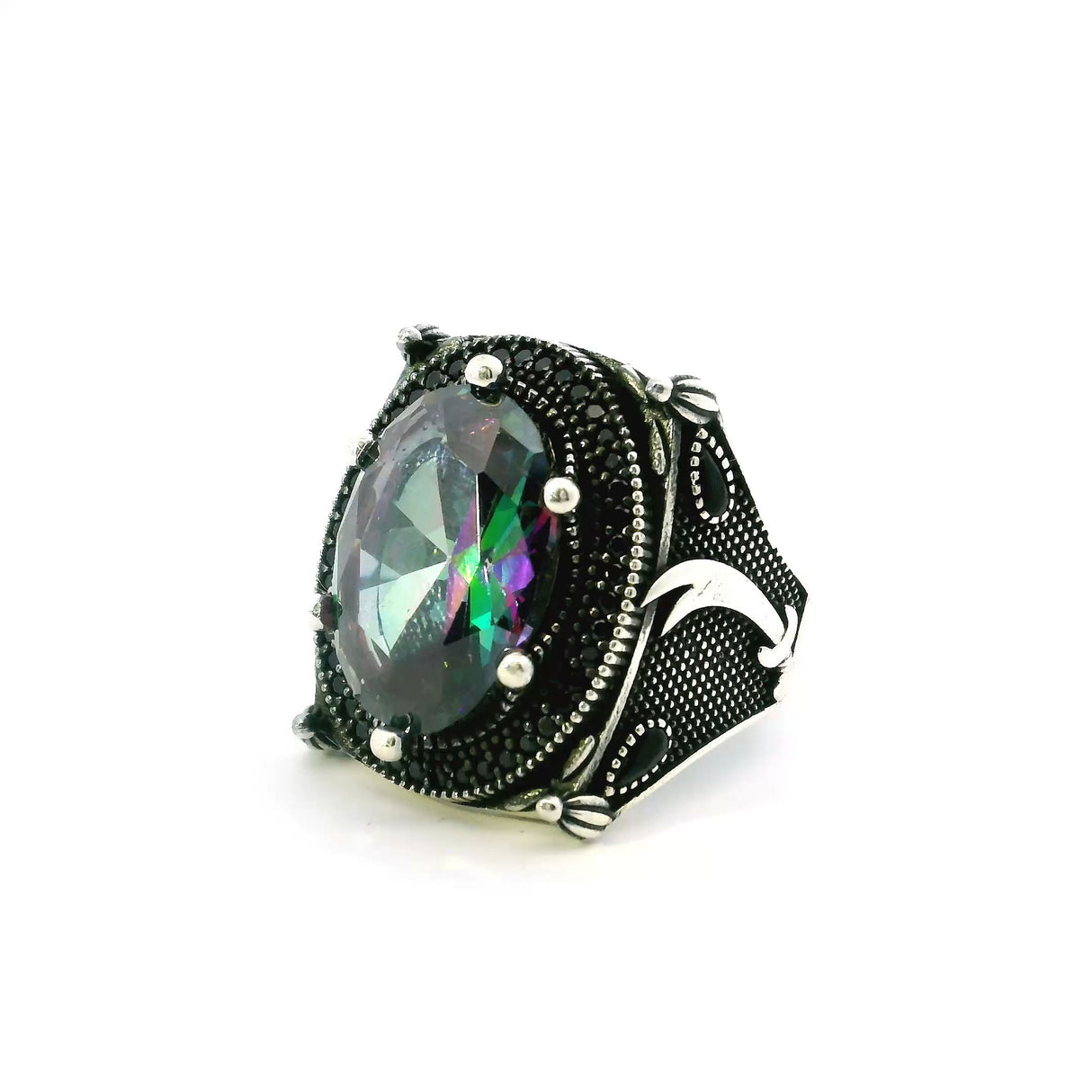 View of Mystic Topaz Ring - Faceted Oval Surrounded by Single Row Pave Black Nanostones & Cutlass Sword on Band with Beaded Crown Prong Setting in 925 Sterling Silver sz11.5