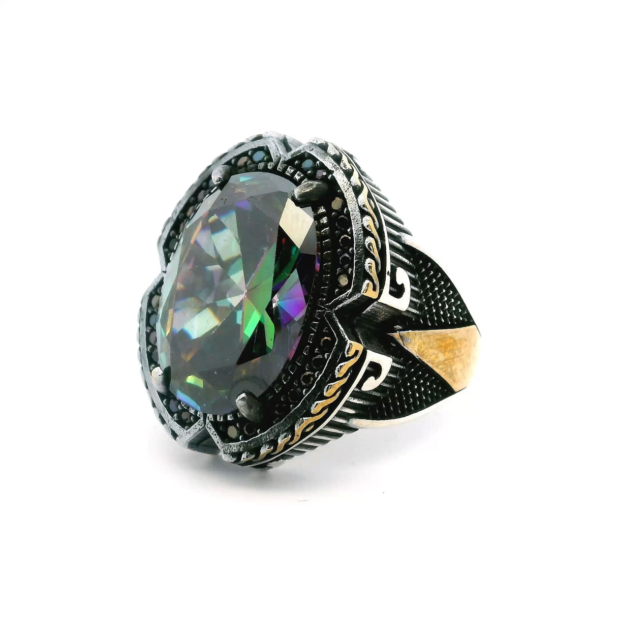 View of Mystic Topaz Ring - Faceted Oval with Pave Black Nanostones & Triangular Notches Prong Set in 925 Sterling Silver with Gold Vermeil Rope Accent sz10.5