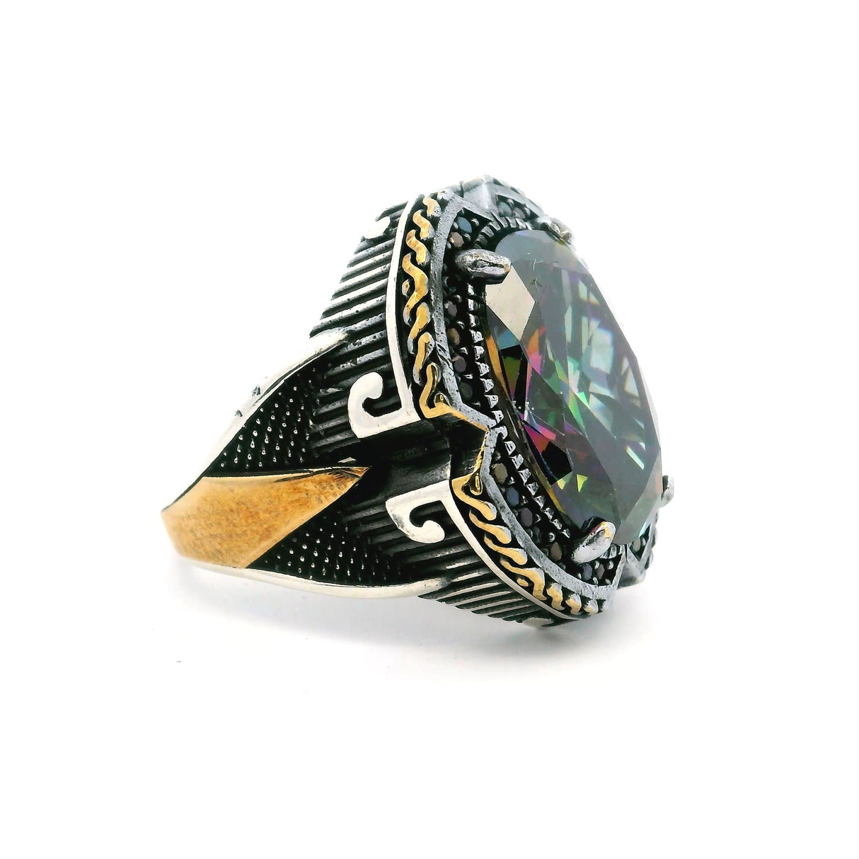 Mystic Topaz Ring - Faceted Oval with Pave Black Nanostones & Triangular Notches Prong Set in 925 Sterling Silver with Gold Vermeil Rope Accent sz10.5