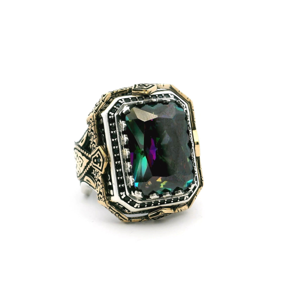 Mystic Topaz Ring - Faceted Rectangle in Designer Sawtooth Setting with Single Row Pave Black Nanostones in 925 Sterling Silver with Gold Vermeil sz8.5