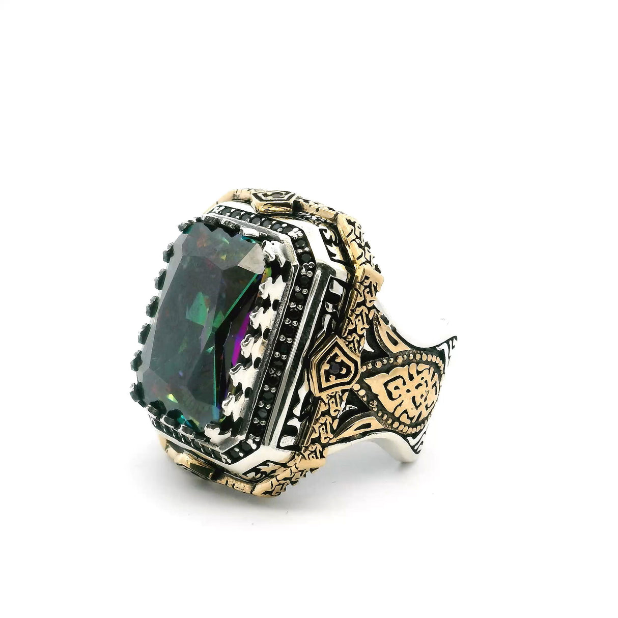 View of Mystic Topaz Ring - Faceted Rectangle in Designer Sawtooth Setting with Single Row Pave Black Nanostones in 925 Sterling Silver with Gold Vermeil sz8.5