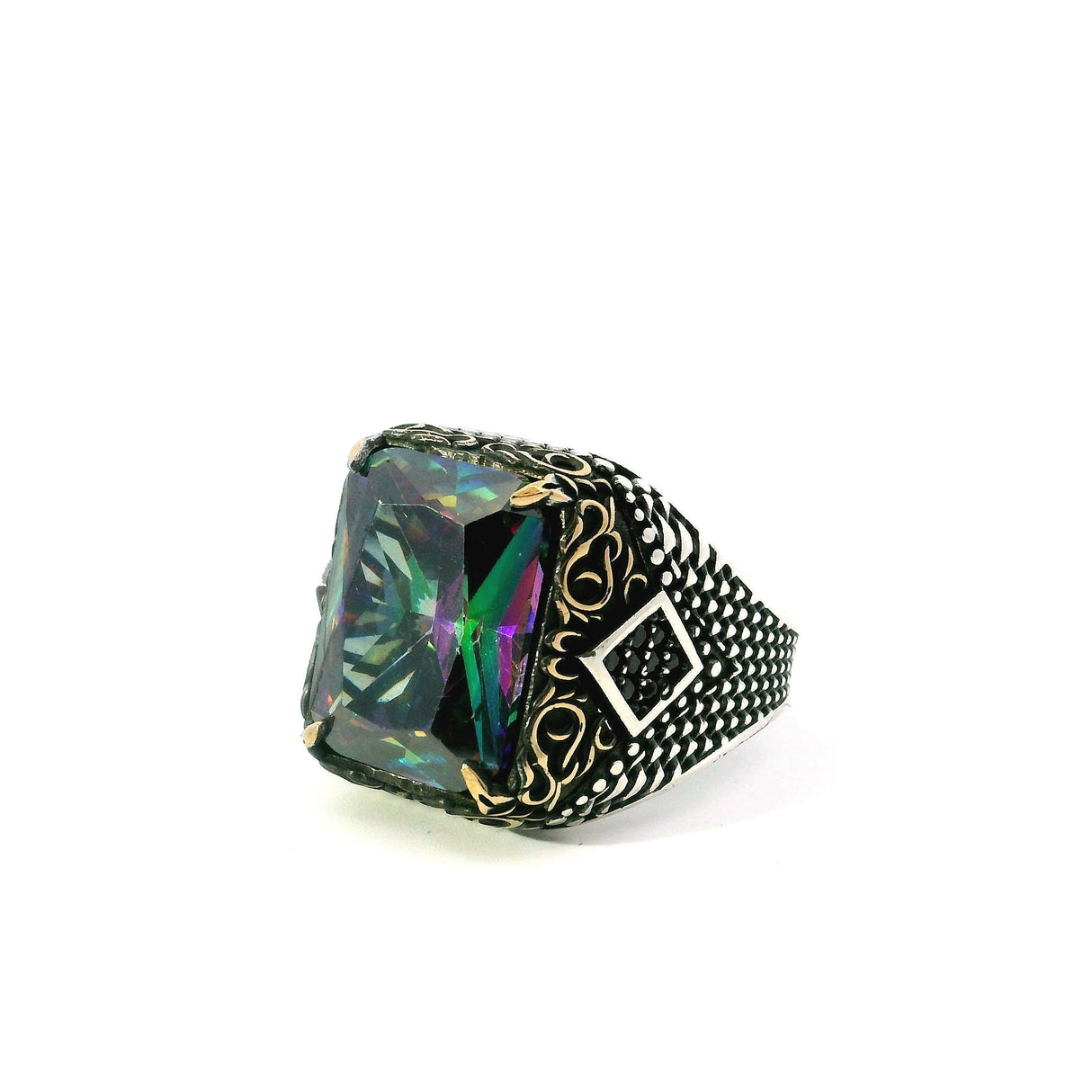 View of Mystic Topaz Ring - Faceted Rectangle Prong Set in 925 Sterling Silver with Gold Vermeil and Beaded Accents on Band sz11