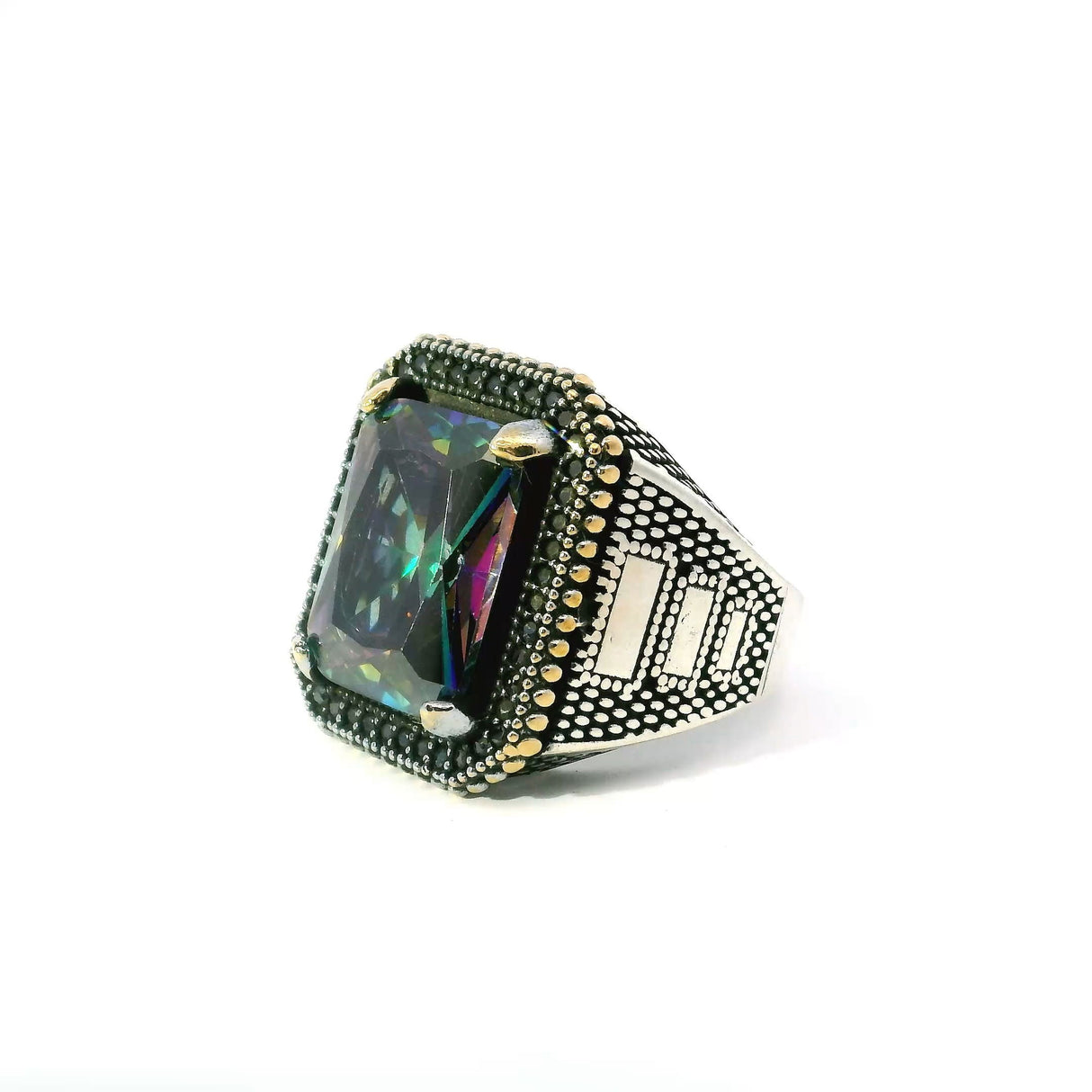 Mystic Topaz Ring - Faceted Rectangle with Single Row Pave Black Nanostones Prong Set in 925 Sterling Silver with Gold Vermeil Beaded Accent sz10.25