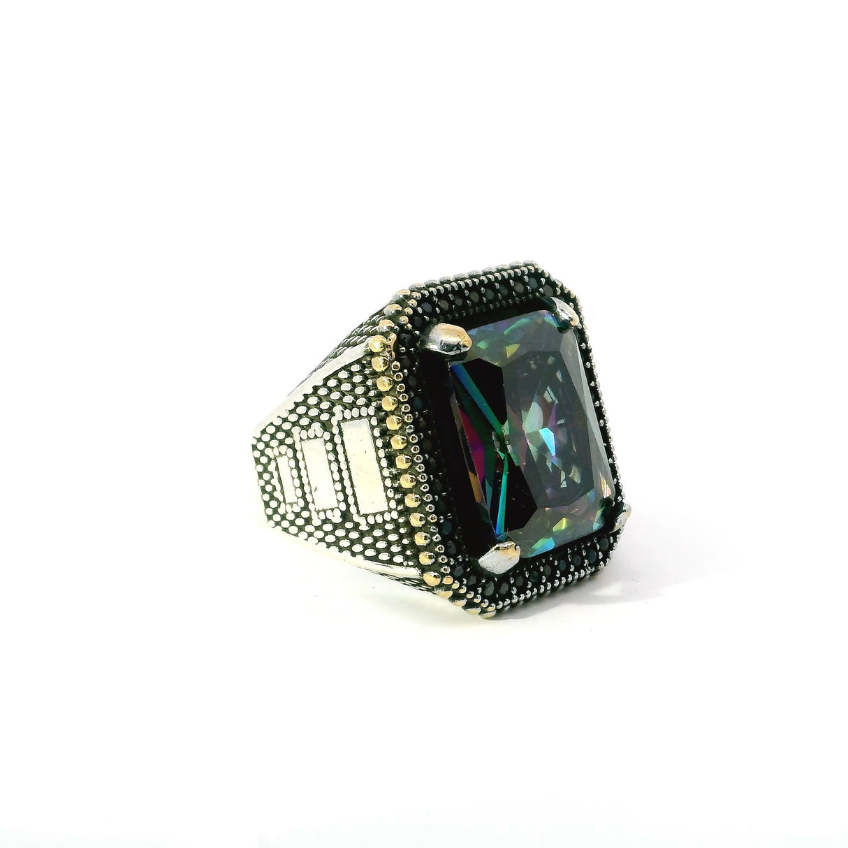 View of Mystic Topaz Ring - Faceted Rectangle with Single Row Pave Black Nanostones Prong Set in 925 Sterling Silver with Gold Vermeil Beaded Accent sz10.25