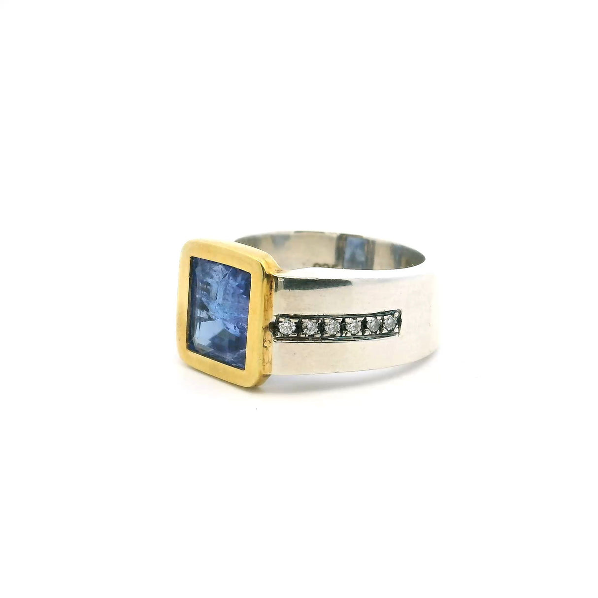 View of Sapphire Ring - Faceted Square with Diamonds Down Both Sides of Band Bezel Set Flush in 925 Sterling Silver with Gold Accent sz9