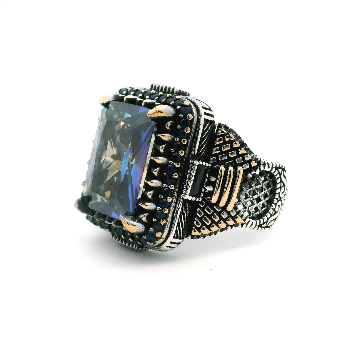 View of Blue Mystic Topaz Ring - Faceted Rectangle in Designer Sawtooth Setting with Sapphire Nanostones & 4 Rectangles in 925 Sterling Silver with Gold Vermeil Accents sz11