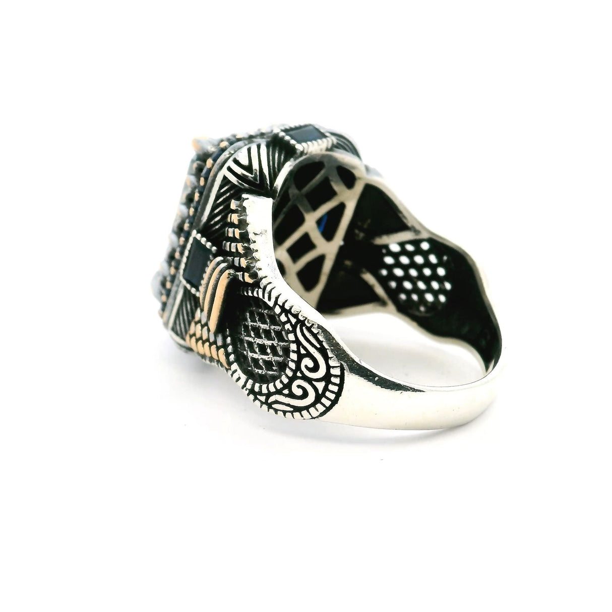 Blue Mystic Topaz Ring - Faceted Rectangle in Designer Sawtooth Setting with Sapphire Nanostones & 4 Rectangles in 925 Sterling Silver with Gold Vermeil Accents sz11