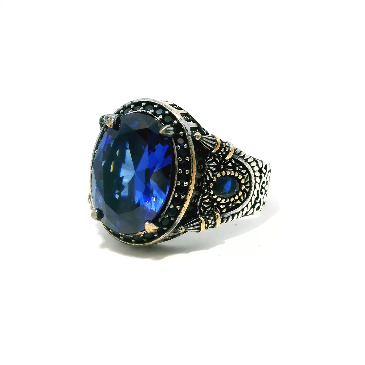 View of Sapphire Ring - Faceted Oval with Single Row Pave Sapphire Nanostones & 2 Faceted Sapphire Side Ovals Prong Set in 925 Sterling Silver with Gold Vermeil Accents sz10.25