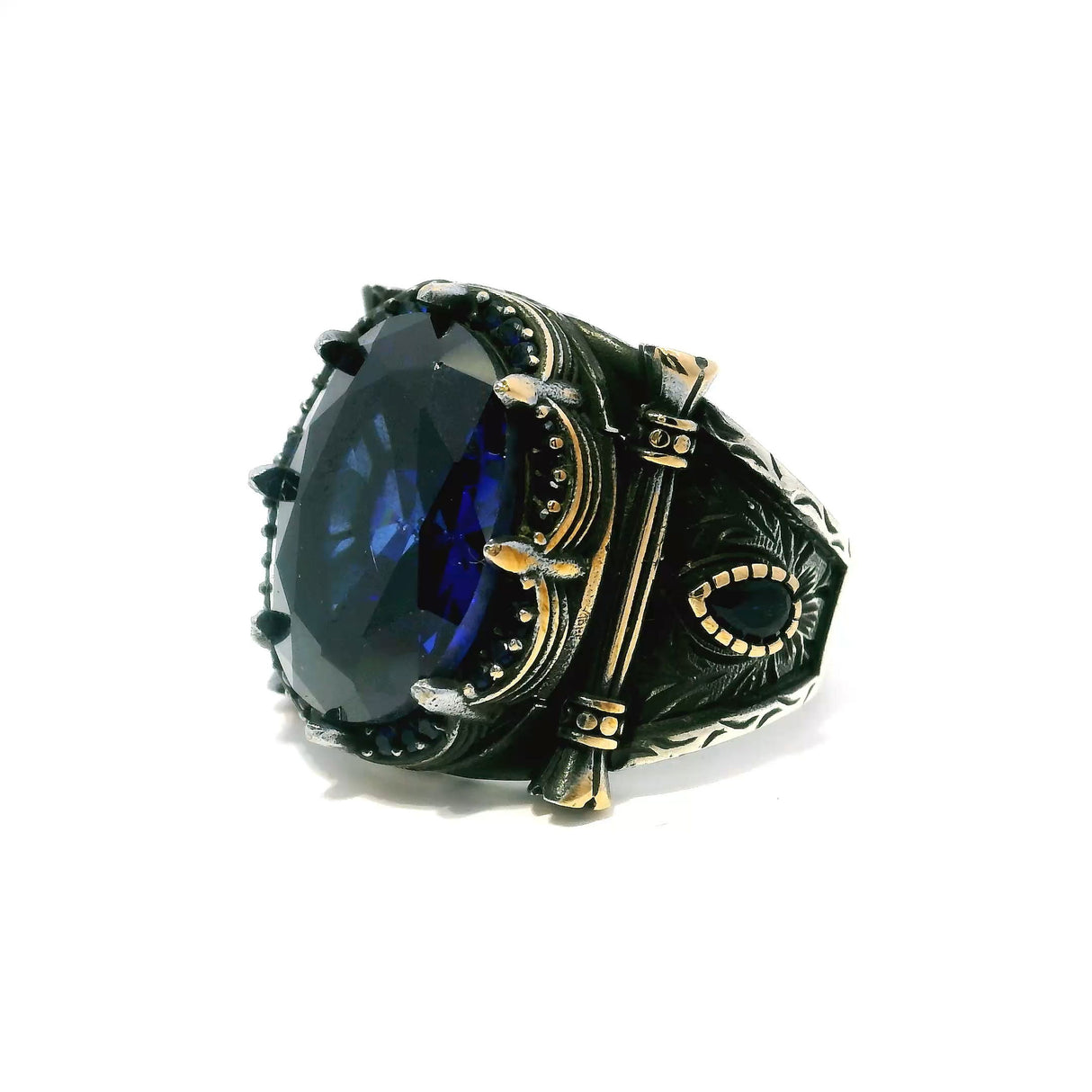 View of Sapphire Ring - Faceted Oval with Single Row Pave Sapphire Nanostones & 2 Faceted Sapphire Side Pears with Crown Prong Setting in 925 Sterling Silver with Gold Vermeil Accents sz11.5