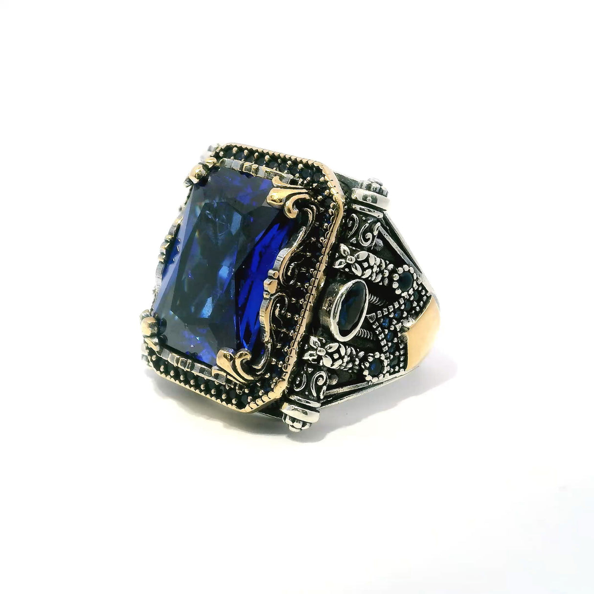 View of Sapphire Ring - Faceted Rectangle with Single Row Pave Sapphire Nanostones & 2 Faceted Sapphire Side Ovals & Scroll Accents Fancy Prong Set in 925 Sterling Silver with Gold Vermeil Accents sz10.5