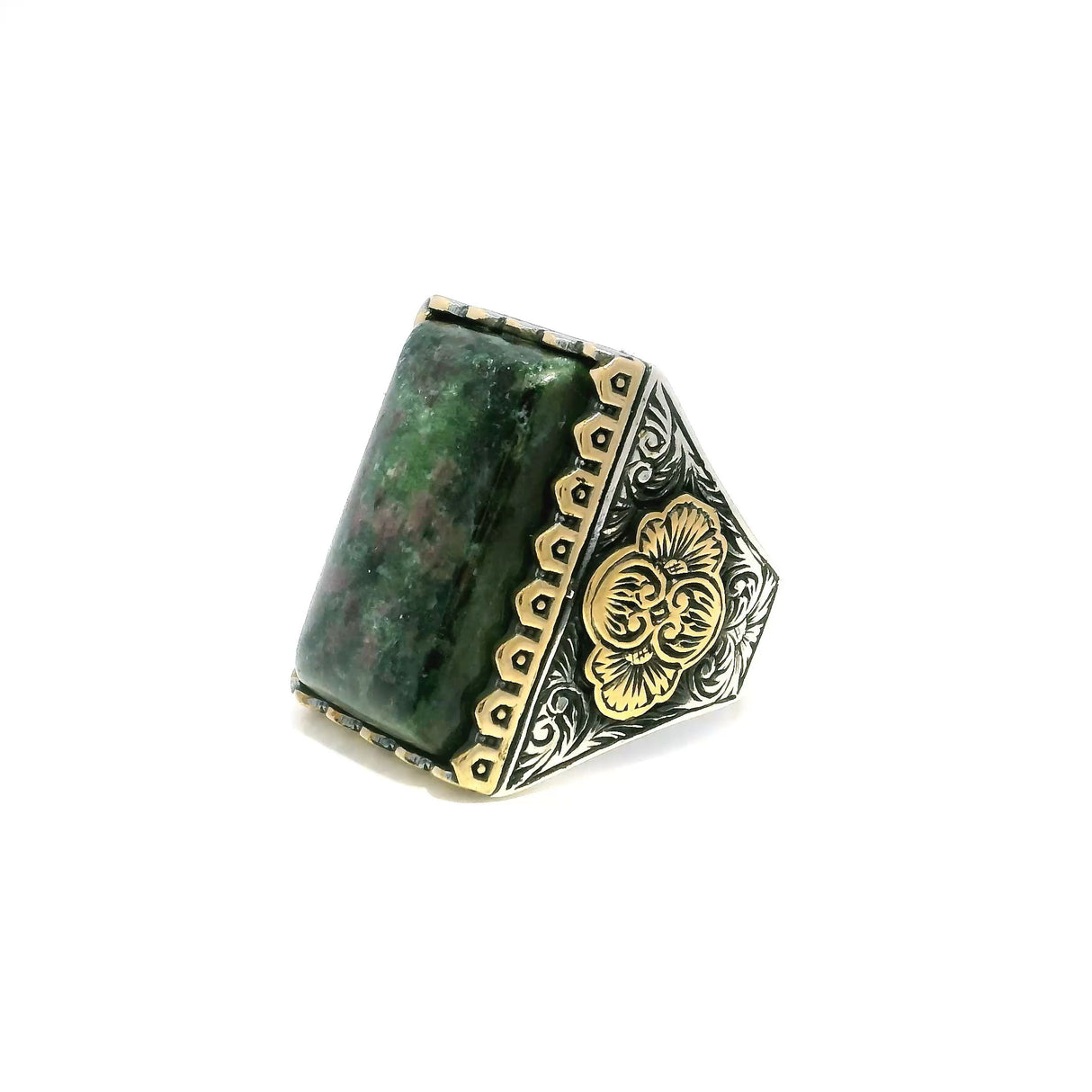View of Ruby Zoisite Ring - Rectangular Pillow Cabochon in Designer Sawtooth Setting in 925 Sterling Silver with Gold Vermeil Accents sz12