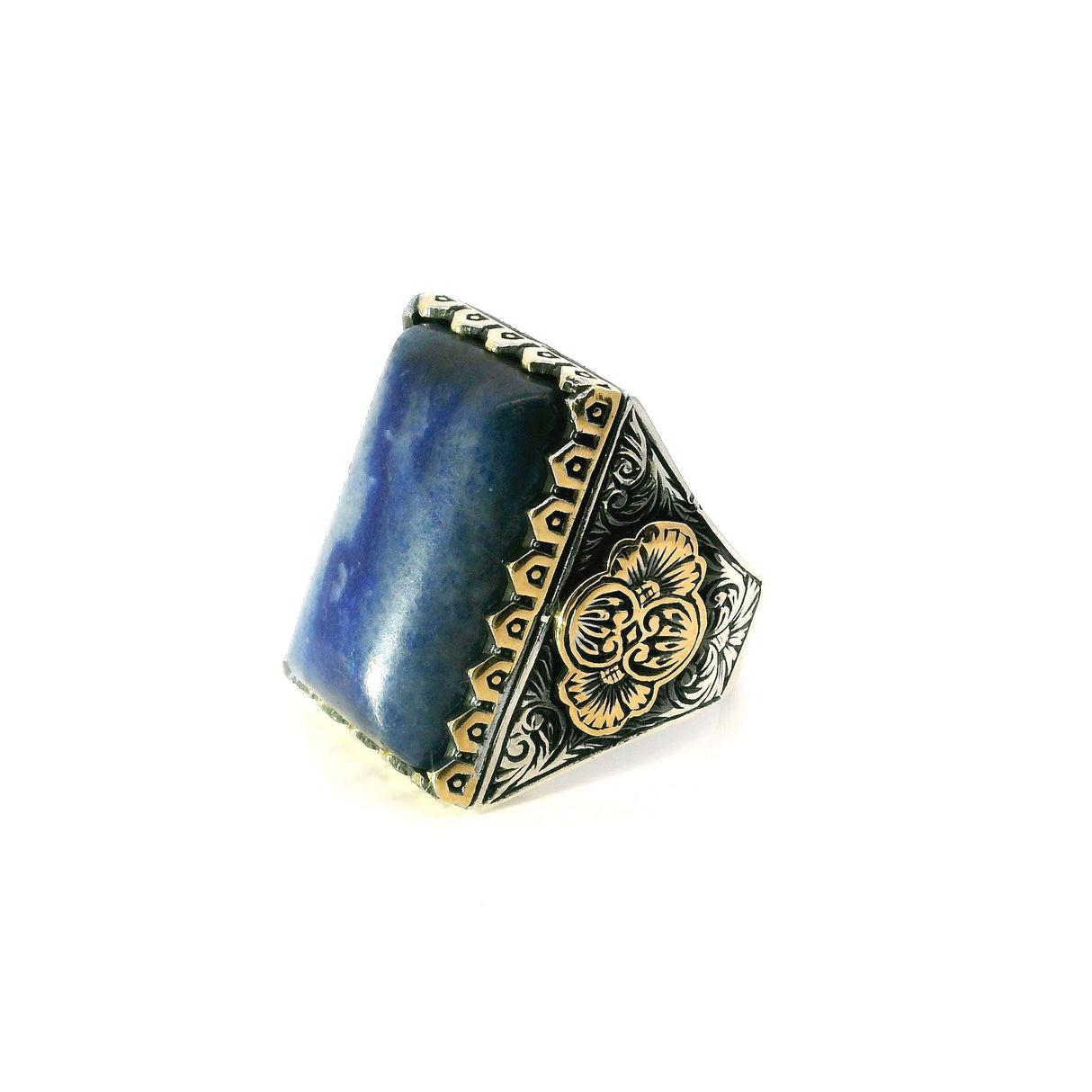View of Sodalite Ring - Rectangular Pillow Cabochon in Designer Sawtooth Setting in 925 Sterling Silver with Gold Vermeil Accents sz12