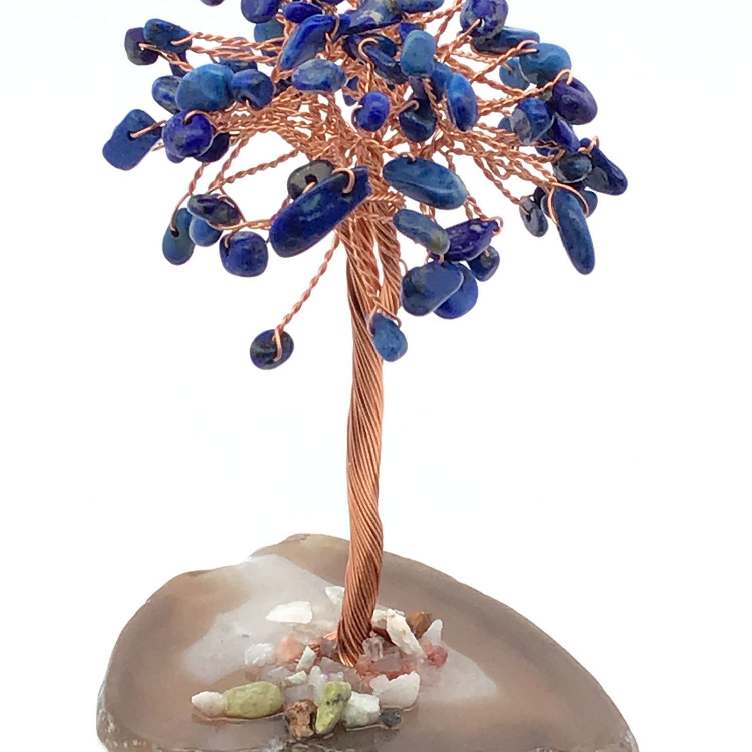 View of Lapis Lazuli Copper Wire Beaded Tree on Agate Base