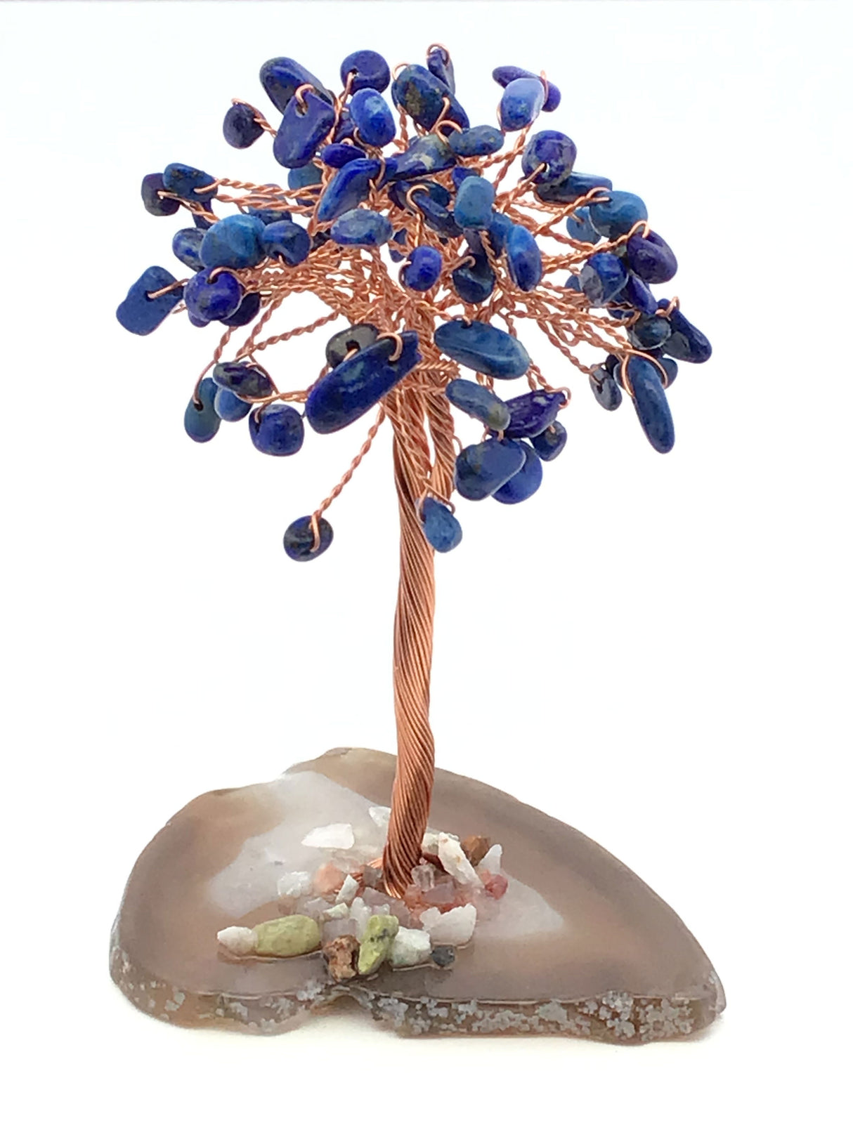 View of Lapis Lazuli Copper Wire Beaded Tree on Agate Base