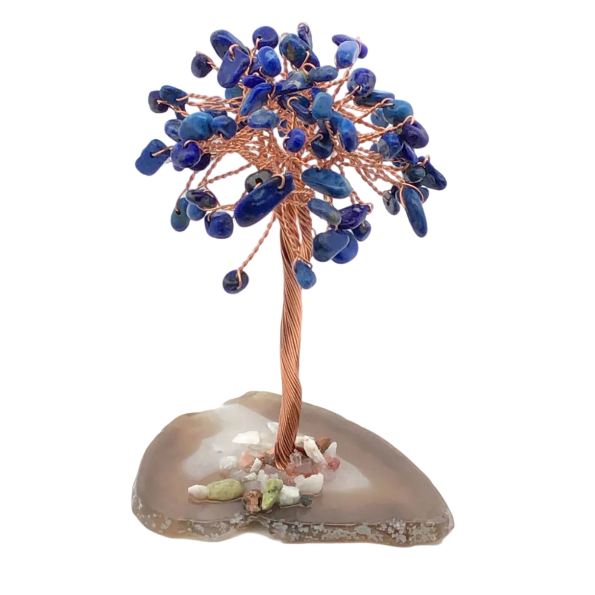 View of Lapis Lazuli Copper Wire Beaded Tree on Agate Base