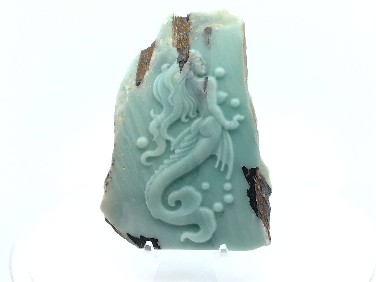 View of A+ Amazonite Mermaid Carving with Lucite Stand